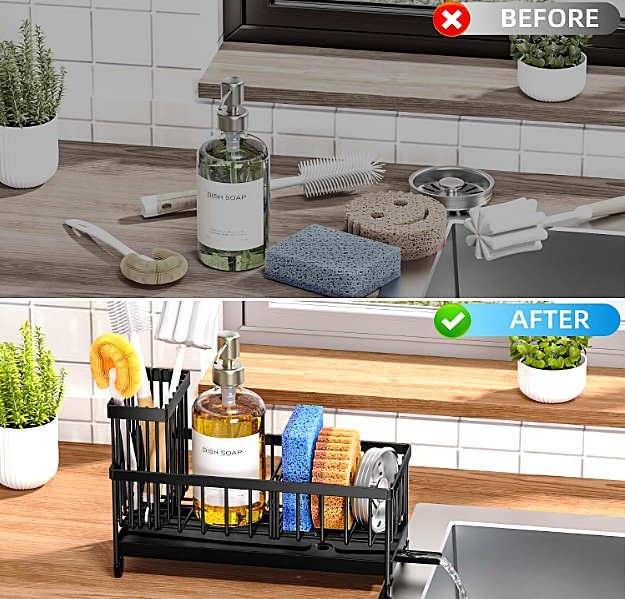 Before and after comparison of cluttered kitchen sink versus organized Cisily sponge holder rack