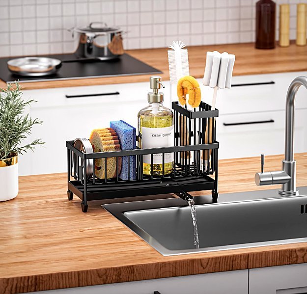 Cisily black sink organizer on wooden kitchen countertop with sponges, dish soap and brush holder