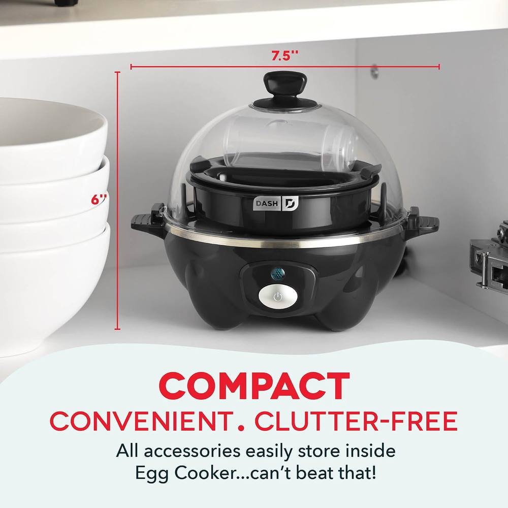Dash Rapid Egg Cooker compact size comparison next to stacked bowls, showing 7.5 inch width and 6 inch height