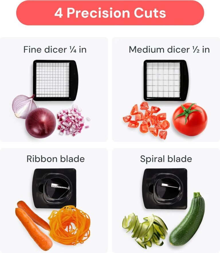 Fullstar chopper four blade options showing fine dicer, medium dicer, ribbon blade and spiral blade with cut vegetables