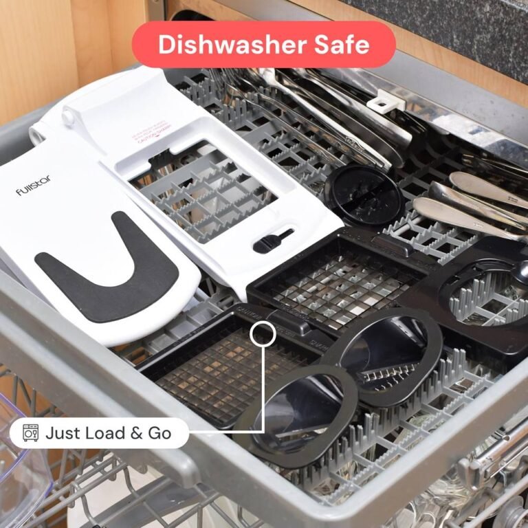 Fullstar chopper parts and blades loaded inside a dishwasher rack showing dishwasher safe design