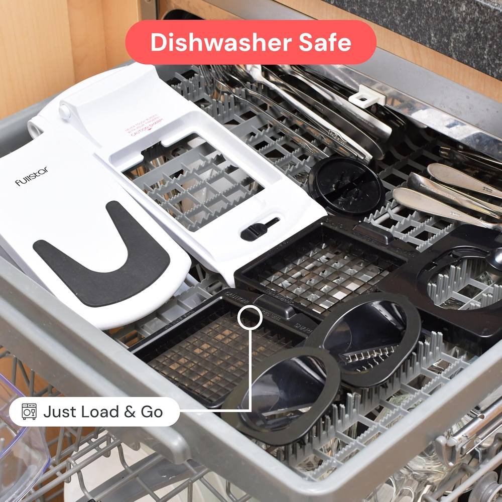 Fullstar chopper parts and blades loaded inside a dishwasher rack showing dishwasher safe design