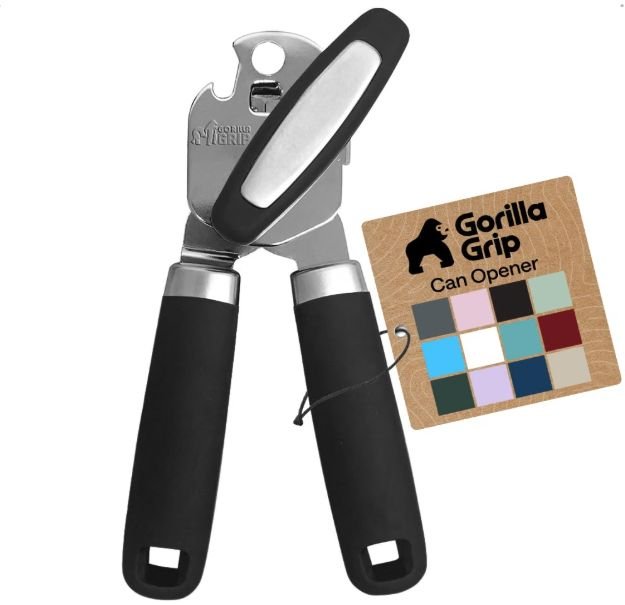 Gorilla Grip stainless steel manual can opener showing stainless steel blade, soft touch grip, large turn knob and oversized handles