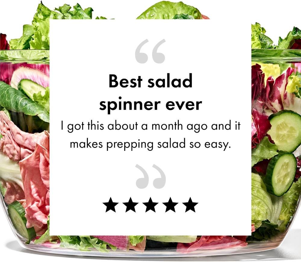 Five star customer review for OXO salad spinner shown over a bowl of fresh salad greens