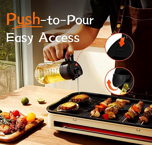 Push-to-pour mechanism of TrendPlain oil bottle being used over a grill with skewers