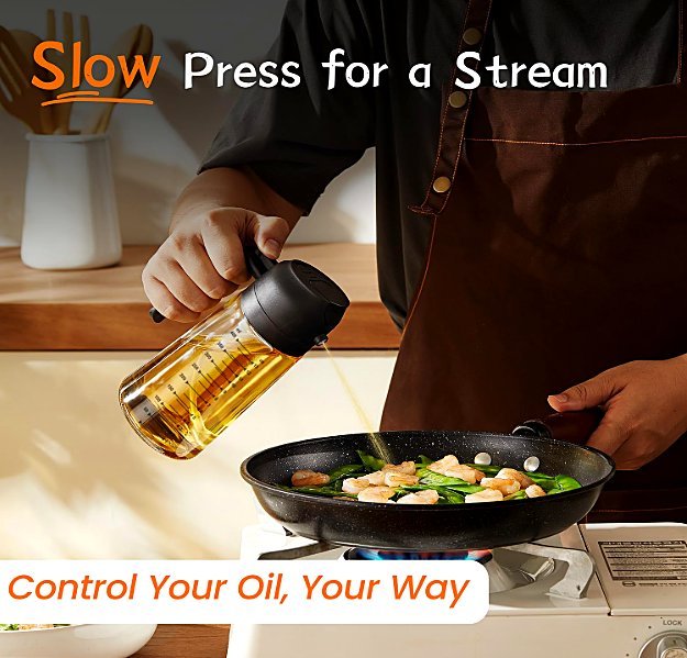 Chef slow-pouring olive oil from TrendPlain bottle into a pan of cooking shrimp