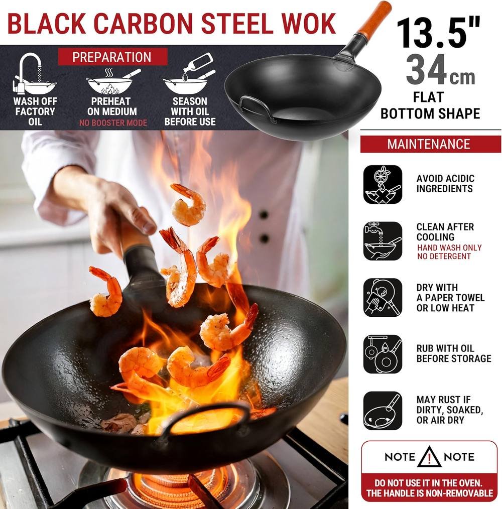YOSUKATA 13.5-inch carbon steel wok with flat bottom