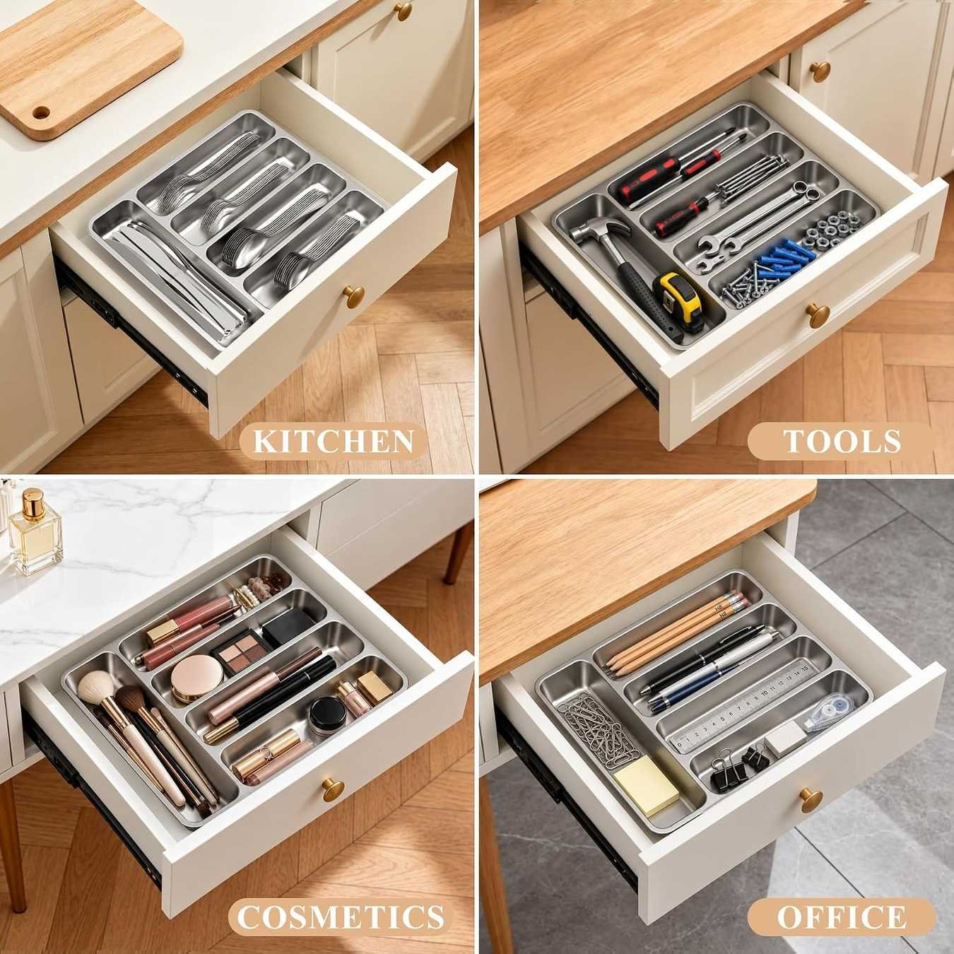 Stainless steel silverware drawer organizer for kitchen, tools, office and cosmetics