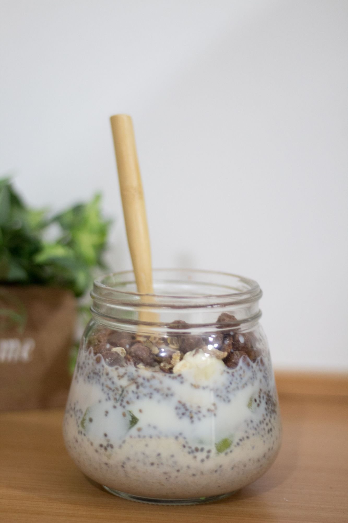 Overnight oats with chia seeds prepared in a glass jar