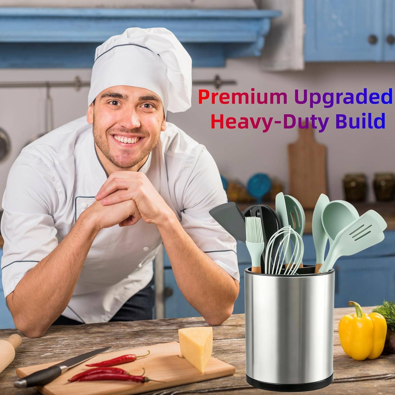 White ribbed ceramic utensil holders on kitchen counter with wooden spoons