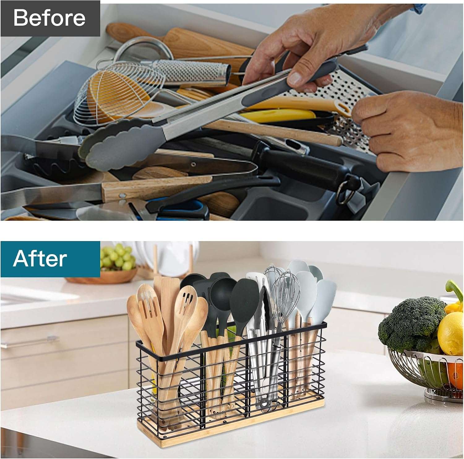 Black wire utensil caddy with bamboo base, before and after drawer organization